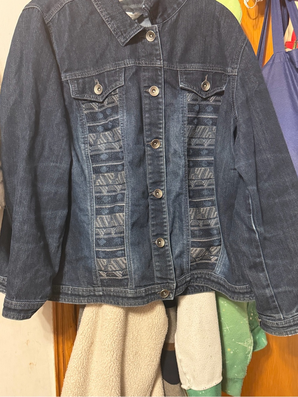 CJ Banks Dark Blue Denim Jacket with Patterned Front Panels
